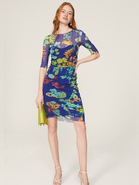 Floral Sheer Mesh Navy Blue Bodycon Dress